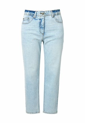 Jeans in denim azzurro chiaro con un design a gamba dritta, caratterizzati da un punto vita medio e un leggero sbiadimento. Cinque tasche e chiusura con bottone.