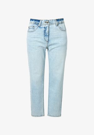 Lichtblauwe denim jeans met een rechte pijpdesign, met een middelhoge taille en subtiele vervaging. Vijf zakken en een knoopsluiting.
