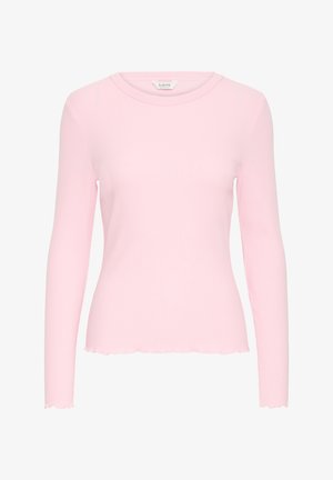 Lichtroze geribde langemouwen shirt met ronde halslijn en subtiele golvende zomen op de manchetten en onderrand.