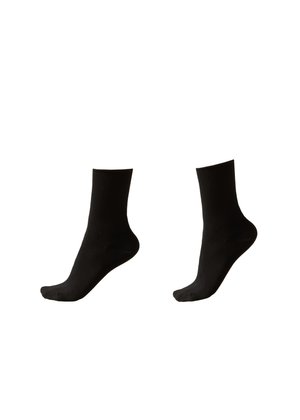 Sorte bomuldsstrømper, ankelhøjde, glat tekstur, ribbede manchetter, minimalistisk design uden mønstre eller udsmykninger.