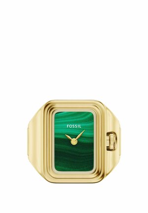 Orologio rettangolare in tono oro con quadrante verde marmorizzato, due lancette dorate e una corona texturizzata sul lato. Logo Fossil in evidenza.