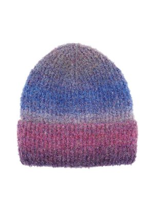 Soft knitted beanie with fuzzy texture in gradient colors transitioning from blue at the top to pink and purple at the bottom.