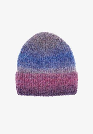 Soft knitted beanie with fuzzy texture in gradient colors transitioning from blue at the top to pink and purple at the bottom.