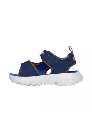 Infradito blu con un design testurizzato, cinturini regolabili e una suola in gomma bianca. Presenta cuciture arancioni a contrasto e un accento del logo.