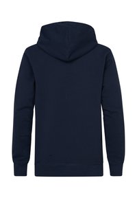 Mörkblå hoodie med en texturerad tyg, långa ärmar och en dragsko på huvan. Har en ren, odekorerad design på baksidan.