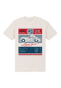 Beige bomullströja med en illustration av en MG-bil i vintage-stil i blått och rött, med texten "Safety Fast!" och detaljerade designelement.