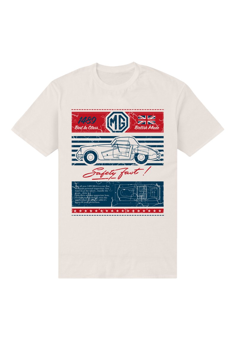 Beige bomullströja med en illustration av en MG-bil i vintage-stil i blått och rött, med texten "Safety Fast!" och detaljerade designelement.