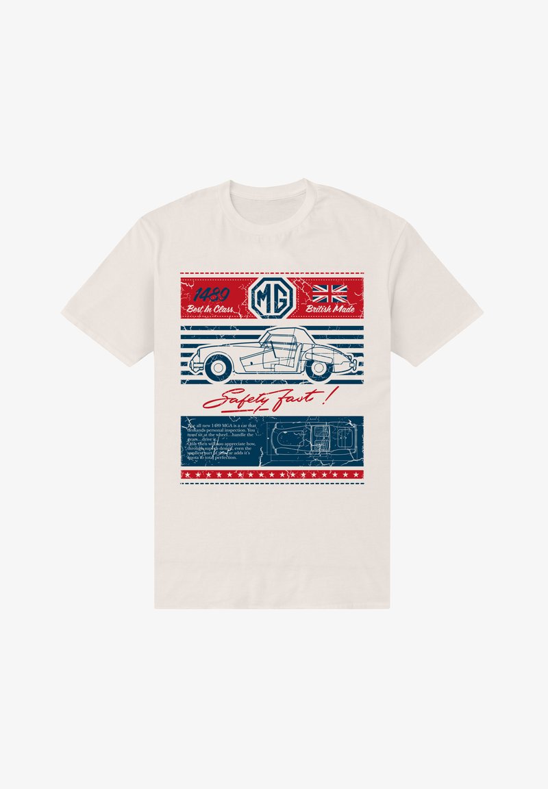 Beige bomullströja med en illustration av en MG-bil i vintage-stil i blått och rött, med texten "Safety Fast!" och detaljerade designelement.