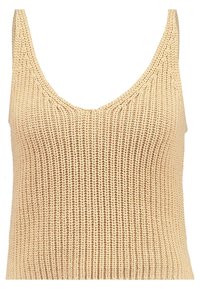 Neuletoppi vaaleassa beigessä, jossa on syvä pyöreä kaula-aukko, teksturoitu ribbikuvio ja hihaton muotoilu.