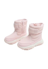 Roze geïsoleerde laarzen met een gequilt ontwerp, een zijrits en klittenbandsluiting. Geverfde rubberen zool voor grip en stabiliteit.