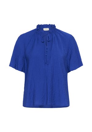 Blå kortärmad blus med volangkrage. Texturerad tyg, avslappnad passform och knappstängning fram med en knytdetalj.