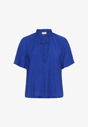 Blusa blu a maniche corte con colletto arricciato. Tessuto testurizzato, vestibilità comoda e chiusura frontale con bottoni e dettaglio annodato.