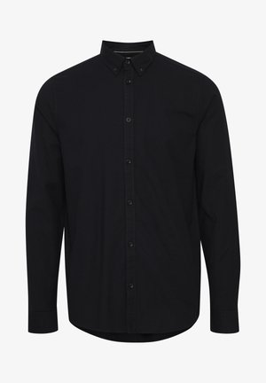Chemise noire à manches longues avec boutons, dotée d'un col classique, d'une fermeture boutonnée à l'avant, et confectionnée en coton lisse avec une coupe ajustée.