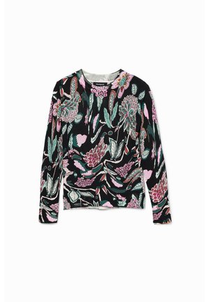 Pull noir à manches longues avec motifs floraux et feuillages roses, verts et blancs, col ras du cou et texture côtelée.