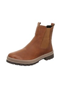 Bottine en cuir marron avec panneaux latéraux élastiques, bout rond et surface texturée. Elle est dotée d'une semelle en caoutchouc durable avec adhérence.