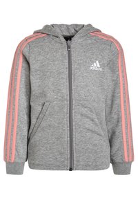 Felpa grigia con cappuccio, strisce laterali rosa, chiusura con zip e due tasche frontali. Presenta un logo ricamato sul lato sinistro del petto.