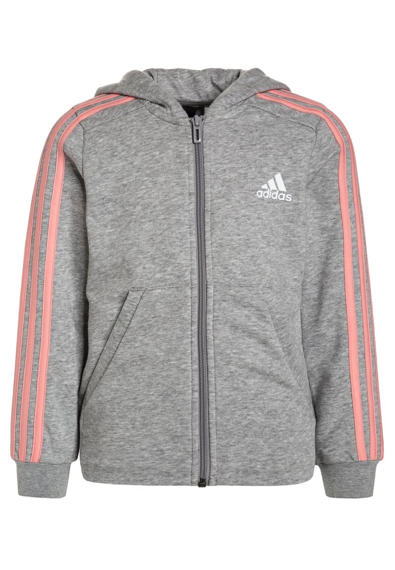 Felpa grigia con cappuccio, strisce laterali rosa, chiusura con zip e due tasche frontali. Presenta un logo ricamato sul lato sinistro del petto.