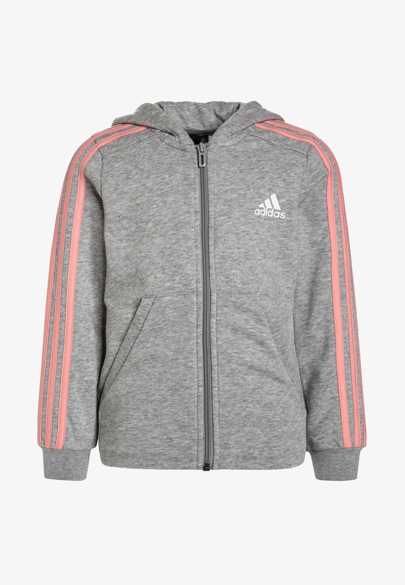 Felpa grigia con cappuccio, strisce laterali rosa, chiusura con zip e due tasche frontali. Presenta un logo ricamato sul lato sinistro del petto.