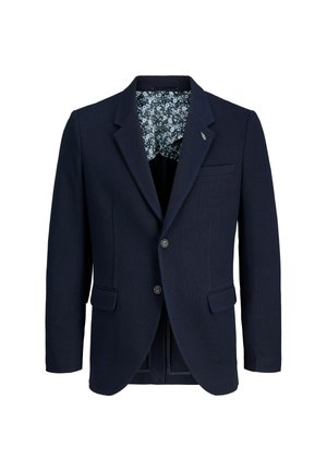 Blazer navy hecho de tejido texturizado, con dos bolsillos frontales, dos botones y un forro interior con un patrón floral.