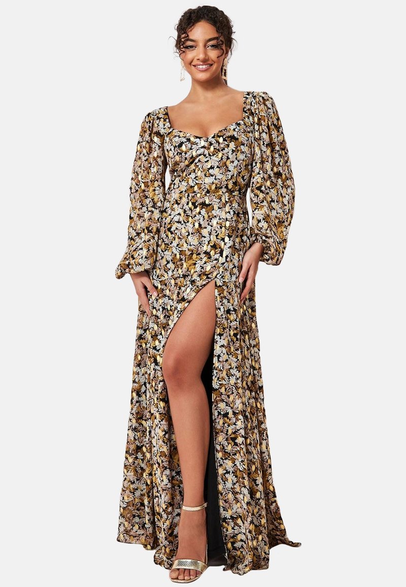 Goddiva Leaf Print Flutter Sleeve Maxi Dress - Cream