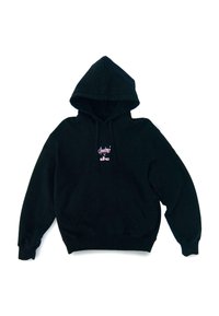 Sudadera con capucha negra, con un bolsillo delantero y puños y dobladillo acanalados. Presenta texto de logotipo en color rosa en el pecho. Material de mezcla de algodón.