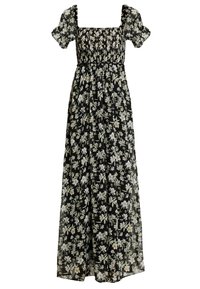 Maxiklänning i lätt svart tyg med vita och gula blommönster, med korta puffärmar och fyrkantig halsringning.