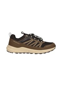 Brune vandtætte sko med en tekstureret overdel, blød foring, kontrastfarvet beige sål og elastisk snøresystem for justerbar pasform.