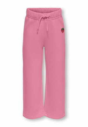 Rosa børnesweatpants med vide ben, elastisk talje, snor og lille jordbær-patch på forsiden til højre.