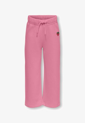 Rosa børnesweatpants med vide ben, elastisk talje, snor og lille jordbær-patch på forsiden til højre.
