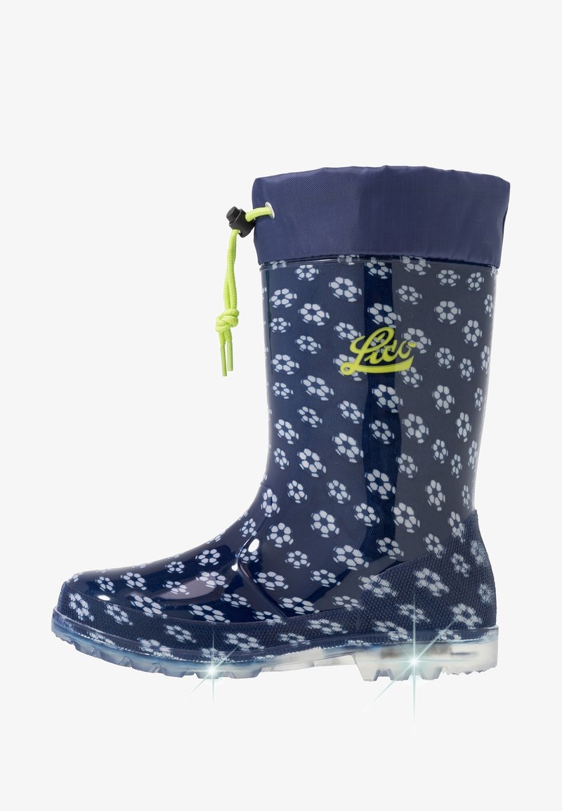 Botte imperméable bleu marine avec empreintes de pattes blanches, fermeture à cordon vert néon et semelle translucide avec crampons.