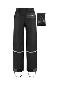 Schwarze wasserdichte Hosen mit reflektierenden Streifen, elastischem Bund, verstellbaren Bündchen und einem verstaubaren Design, begleitet von einem kleinen Aufbewahrungstasche.