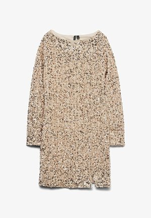 Robe beige à manches longues recouverte de sequins irisés. Tissu doux avec une coupe ample, dotée d'un col bateau et de détails froncés.