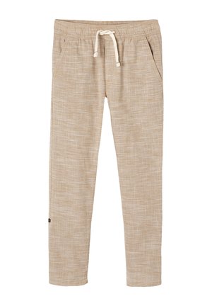Beige lightweight casual pants with elastic waistband, front pockets, and white drawstring tie, featuring a subtle textured pattern.