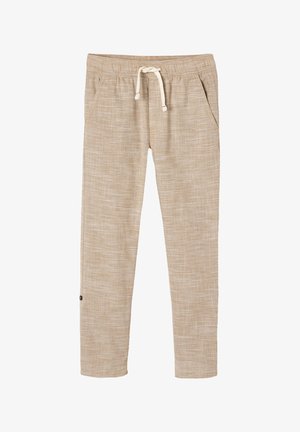 Beige lightweight casual pants with elastic waistband, front pockets, and white drawstring tie, featuring a subtle textured pattern.