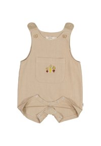 Beige Baumwolloverall mit verstellbaren Schulterträgern, einer Fronttasche mit Gemüse-Stickerei und Druckknopfverschlüssen am unteren Ende.