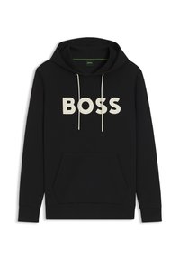 Juodas gobtuvas su baltais raišteliais ir dideliu baltu "BOSS" tekstu krūtinėje, su priekinia kišene kangaroo stiliaus.