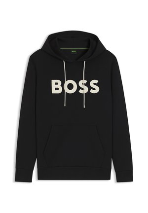 Black hooded sweatshirt with white drawstrings and large white "BOSS" text across the chest, featuring a front kangaroo pocket.