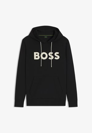 Sweatshirt preto com capuz e cordões brancos, apresentando um grande texto branco "BOSS" na parte da frente, com um bolso canguru.