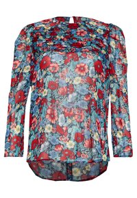 Blomsterprintet langærmet bluse i gennemsigtig stof, med en blanding af røde, blå og gule blomster, og plisseret detalje ved halsudskæringen og en nøglehulslukning bagpå.