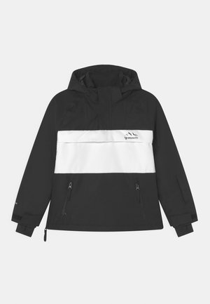 Schwarz-weiße Winterjacke mit Kapuze, Front-Reißverschlusstaschen und einem Logo auf der Brust, für kaltes Wetter entwickelt.