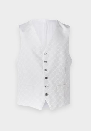 Gilet blanc avec un motif texturé, six boutons argentés et deux poches avant. L'intérieur est également blanc, avec un design classique en V.
