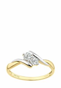 Zelta un sudraba gredzens ar divām apaļām, caurspīdīgām CZ akmeņu, ar viļņotu joslas dizainu un pulētu apdari. Iekšpusē ir zīmogs "375 CZ".