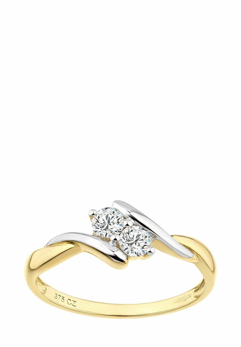 Zelta un sudraba gredzens ar divām apaļām, caurspīdīgām CZ akmeņu, ar viļņotu joslas dizainu un pulētu apdari. Iekšpusē ir zīmogs "375 CZ".