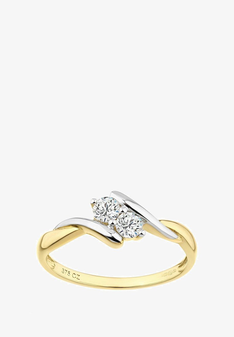 Zelta un sudraba gredzens ar divām apaļām, caurspīdīgām CZ akmeņu, ar viļņotu joslas dizainu un pulētu apdari. Iekšpusē ir zīmogs "375 CZ".