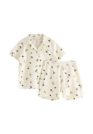 Kortærmet skjorte med knapper og elastiske talje-shorts i creme med små olivengrannetryk.