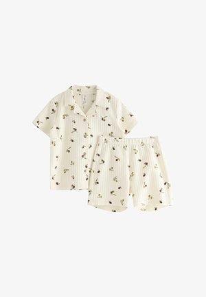 Kortärmelig overhemd met knopen en shorts met elastische taille in crème met kleine prints van olijftakjes.