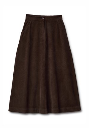 Gonna in velluto a coste marrone con vita alta, chiusura frontale con bottoni, due tasche laterali e una silhouette ampia a forma di A. La texture è morbida e a coste.