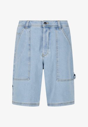 Lyseblå denimshorts med avslappet passform, med front- og baklommer, synlige sømmer og knapp- og glidelåslukking.