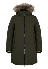 Parka verde oscuro con capucha con borde de piel, cremallera frontal, dos bolsillos laterales y detalles reflectantes en las mangas. Material resistente al agua.