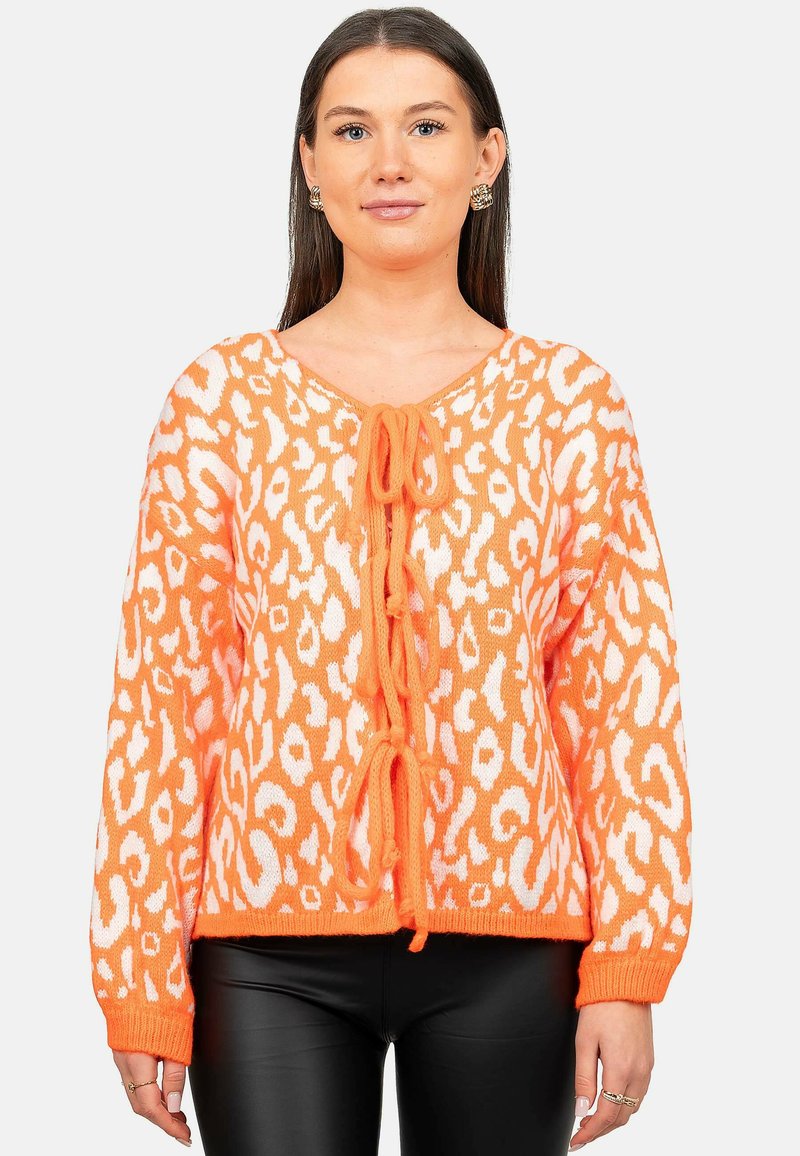 Maglione lavorato a maglia arancione con motivo a stampa leopardo, maniche lunghe, scollo a V e lacci sul davanti, con polsini e orlo a coste.